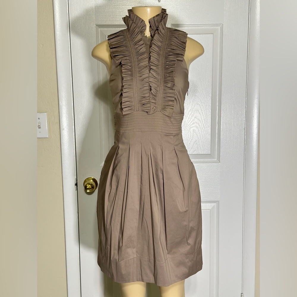 BCBGMaxAzria Taupe Backless Ruffled Neck Sleeveless Dress